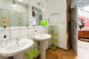 Shower, hair dryer, towels