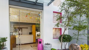 La entrada del Hotel Primera Clase, con un mostrador de recepción, una puerta de vidrio, el letrero del FCH Hotel Primera Clase y una pequeña zona ajardinada con plantas y una roca.