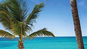 A beach scene with a picnic setup under palm trees, including a blanket, cushions, and a basket. - Zemi Beach House, LXR Hotels & Resorts (Shoal Bay)