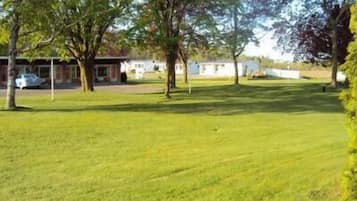 Uma área gramada com árvores e um edifício ao fundo.