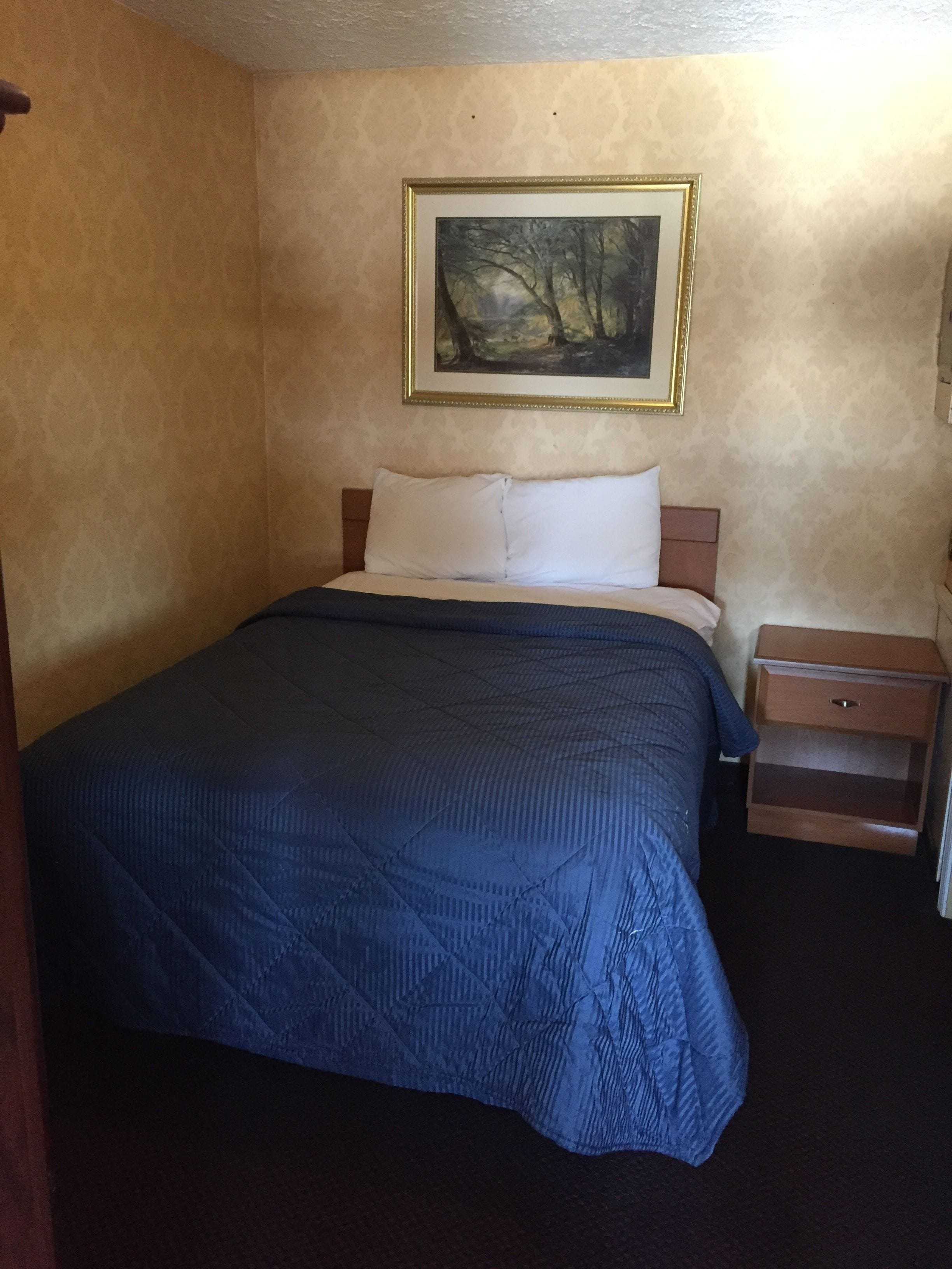 A hotel room with a bed, a nightstand, a drawer, and a painting on the wall.