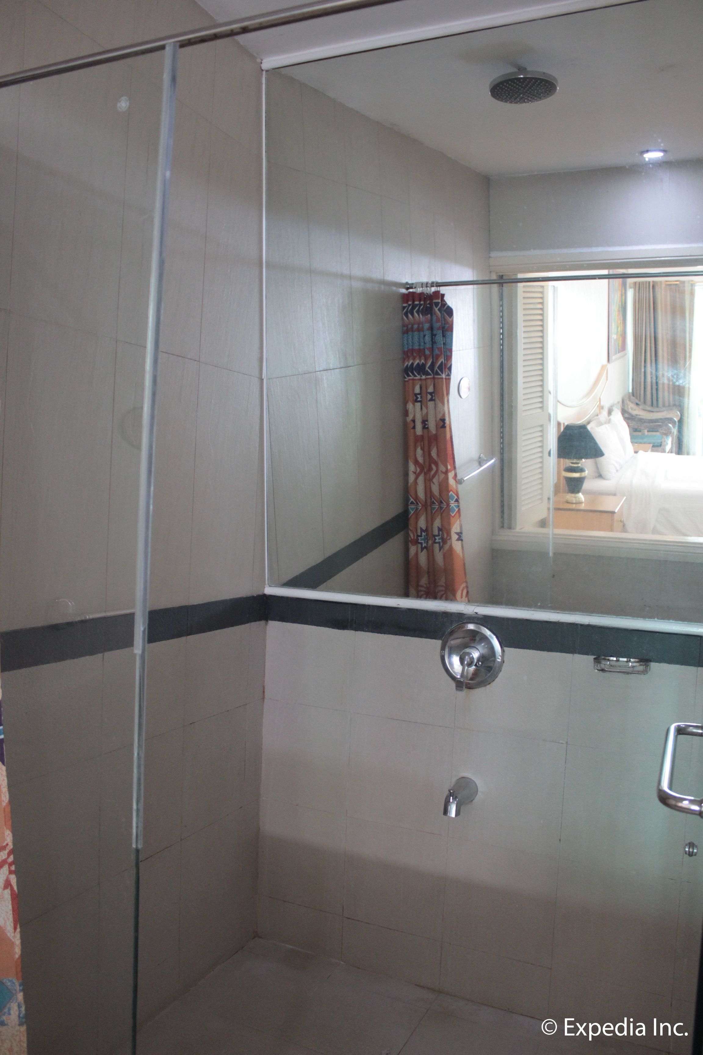 A glass-enclosed shower with a metal handle and a towel rack.