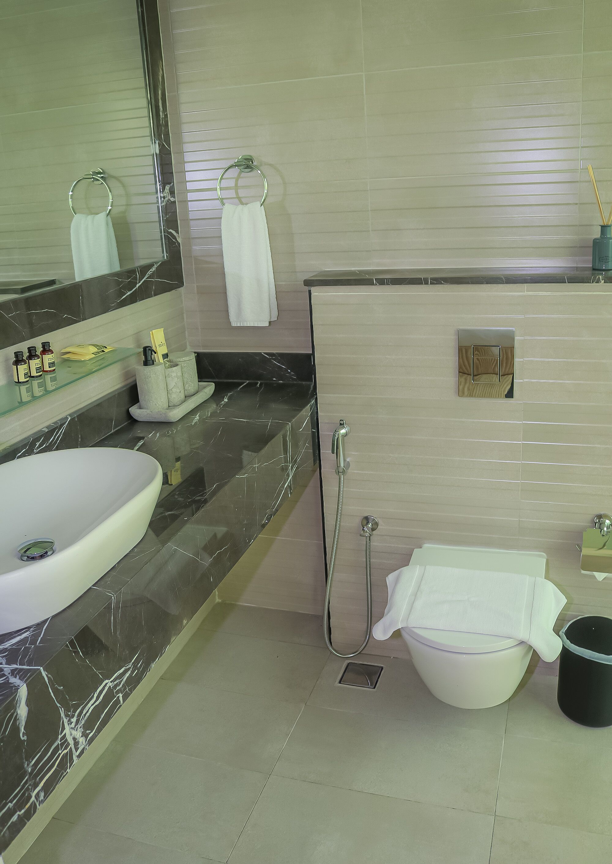 A modern bathroom with a large sink, a mirror, a toilet, and a shower.