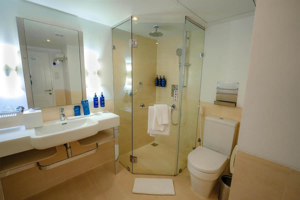 Separate bathtub and shower, free toiletries, hair dryer, bathrobes