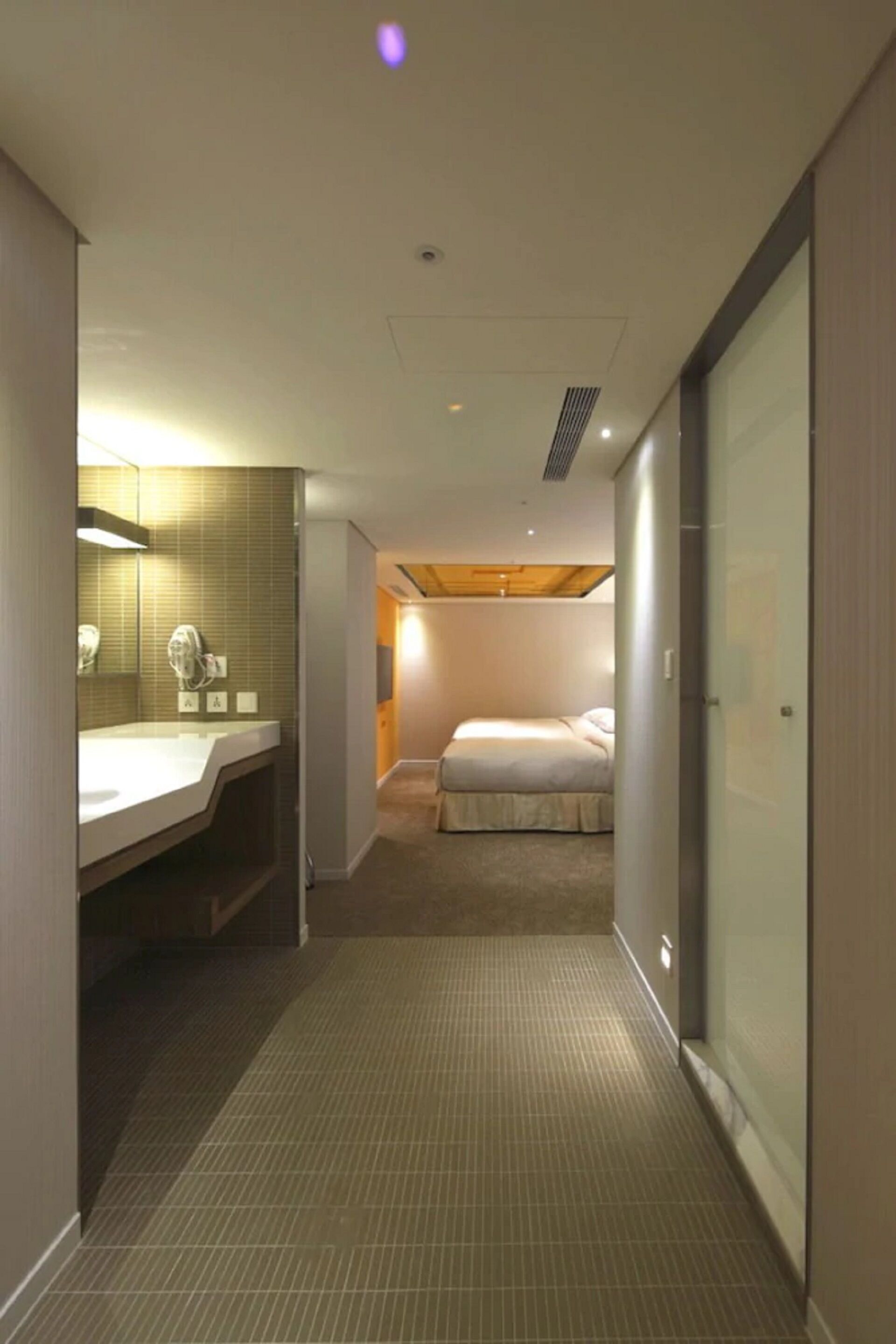 A hotel room with a bathroom, a bed, and a walk-in closet.