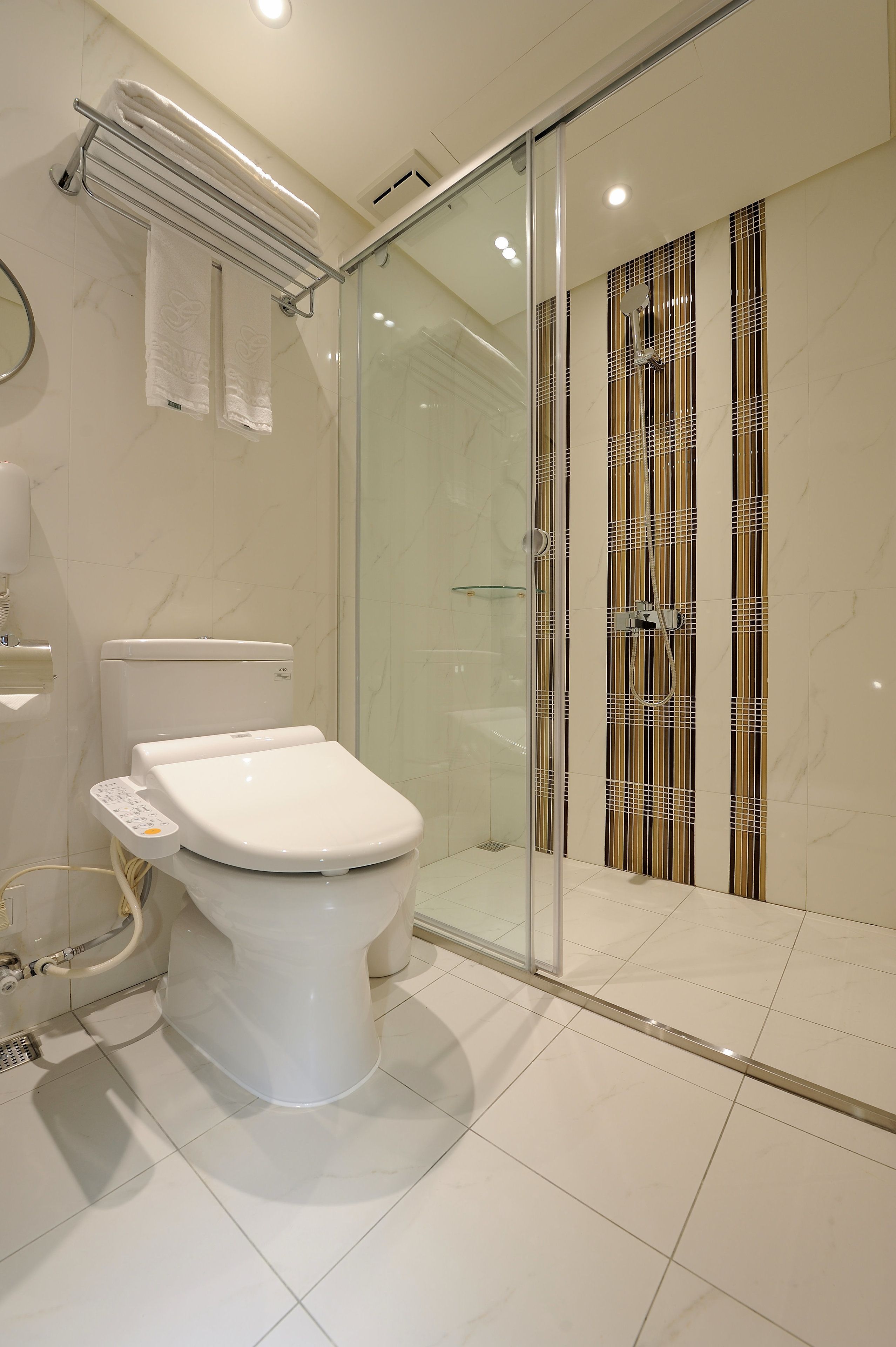 A modern bathroom with a toilet, a glass shower enclosure, and a towel rack.