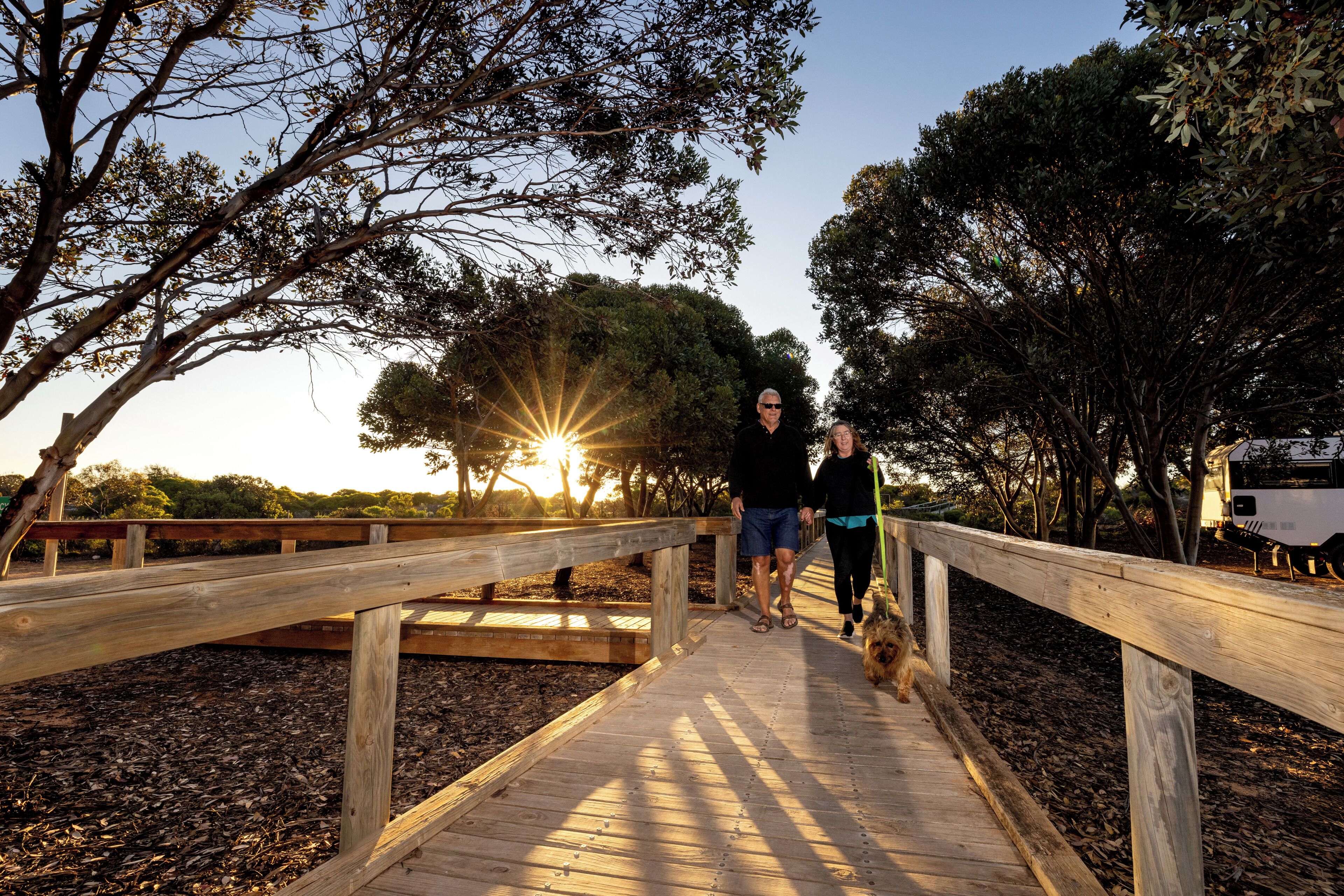 A wooden bridge with railings, surrounded by trees and a sunset in the background.