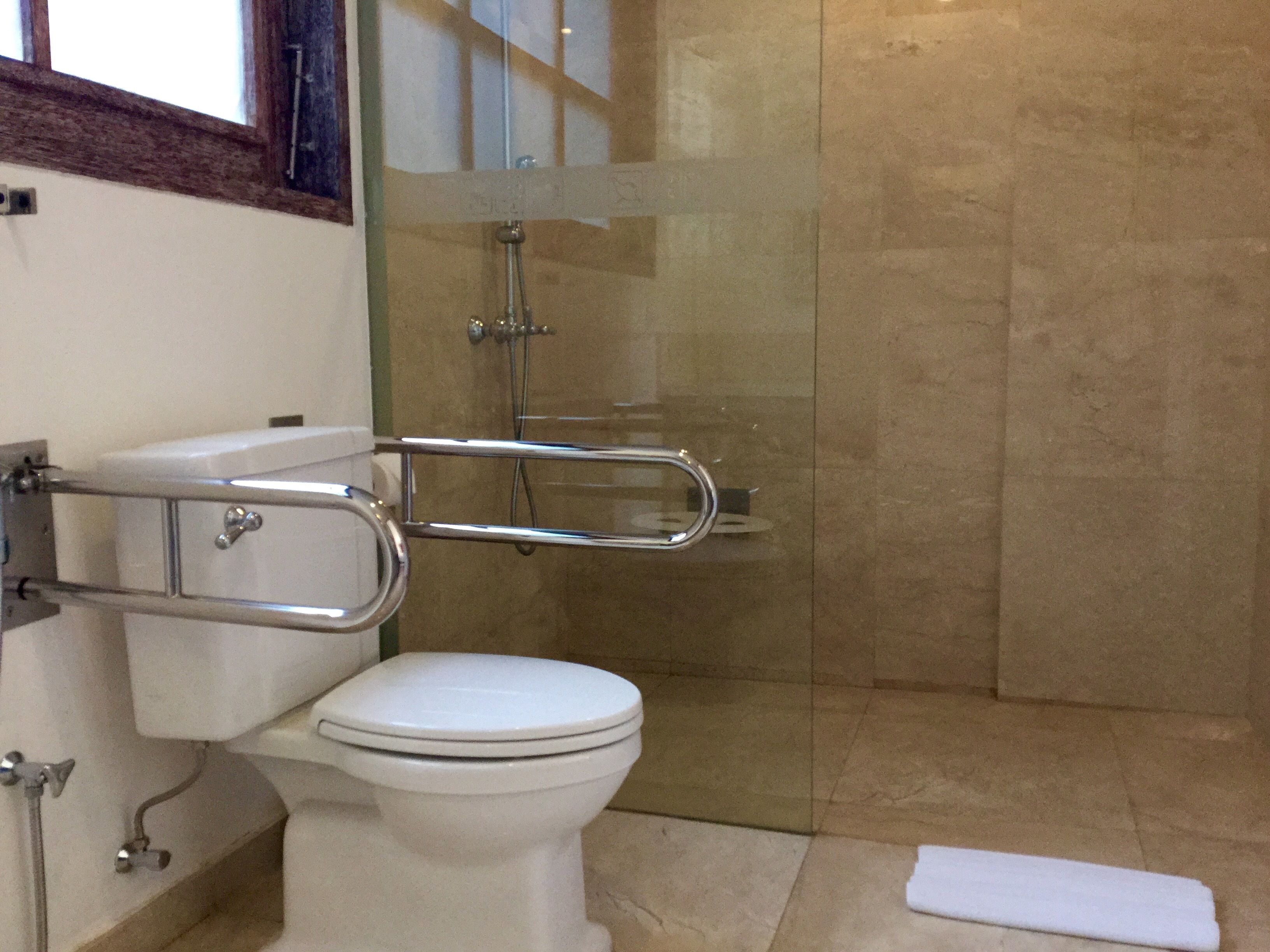 A bathroom with a white toilet, a glass shower enclosure, and a handrail for accessibility.