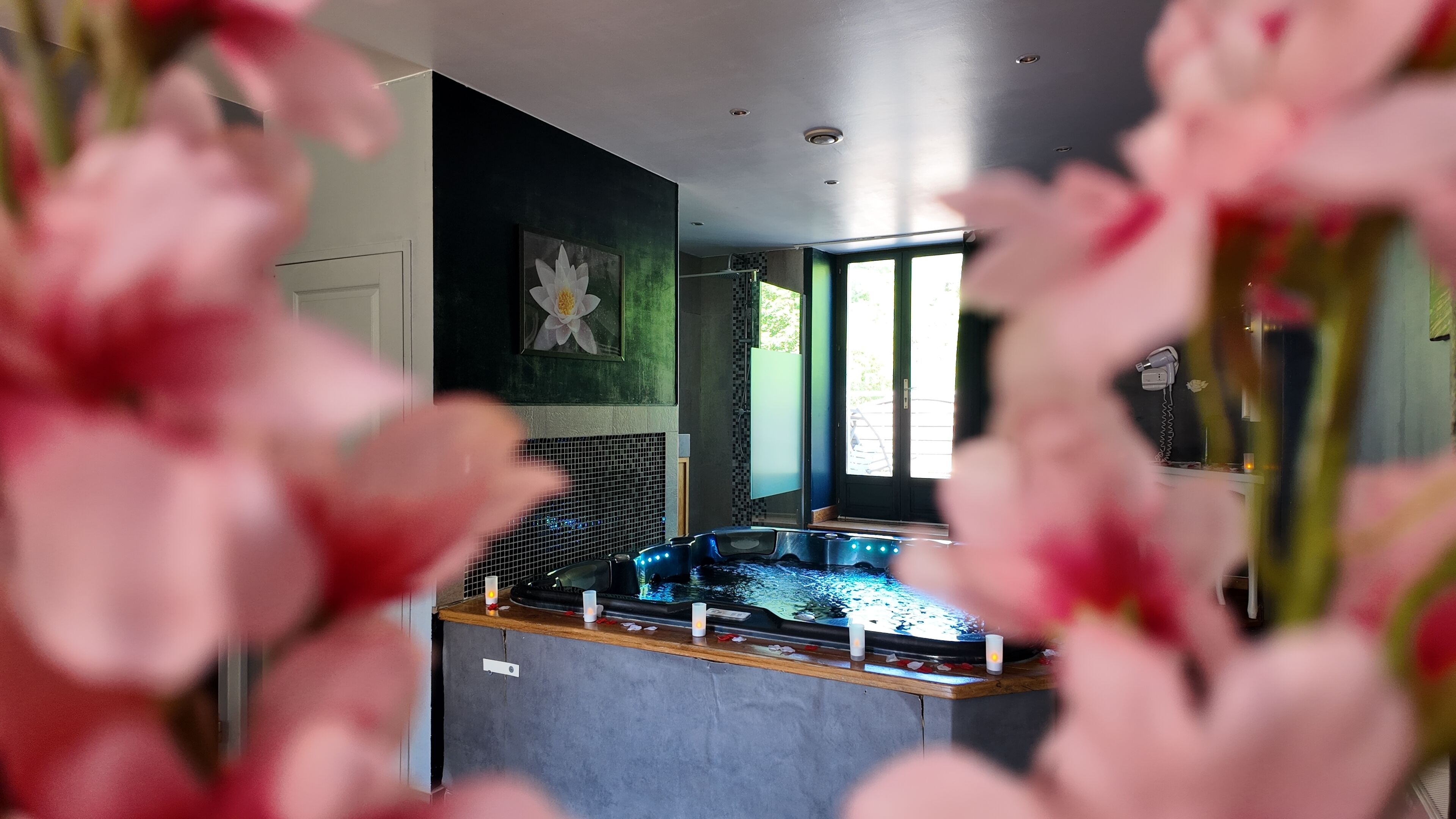 Un espace détente avec un jacuzzi, une fenêtre offrant une vue et une porte.