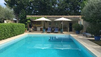 Seasonal outdoor pool, pool umbrellas, pool loungers