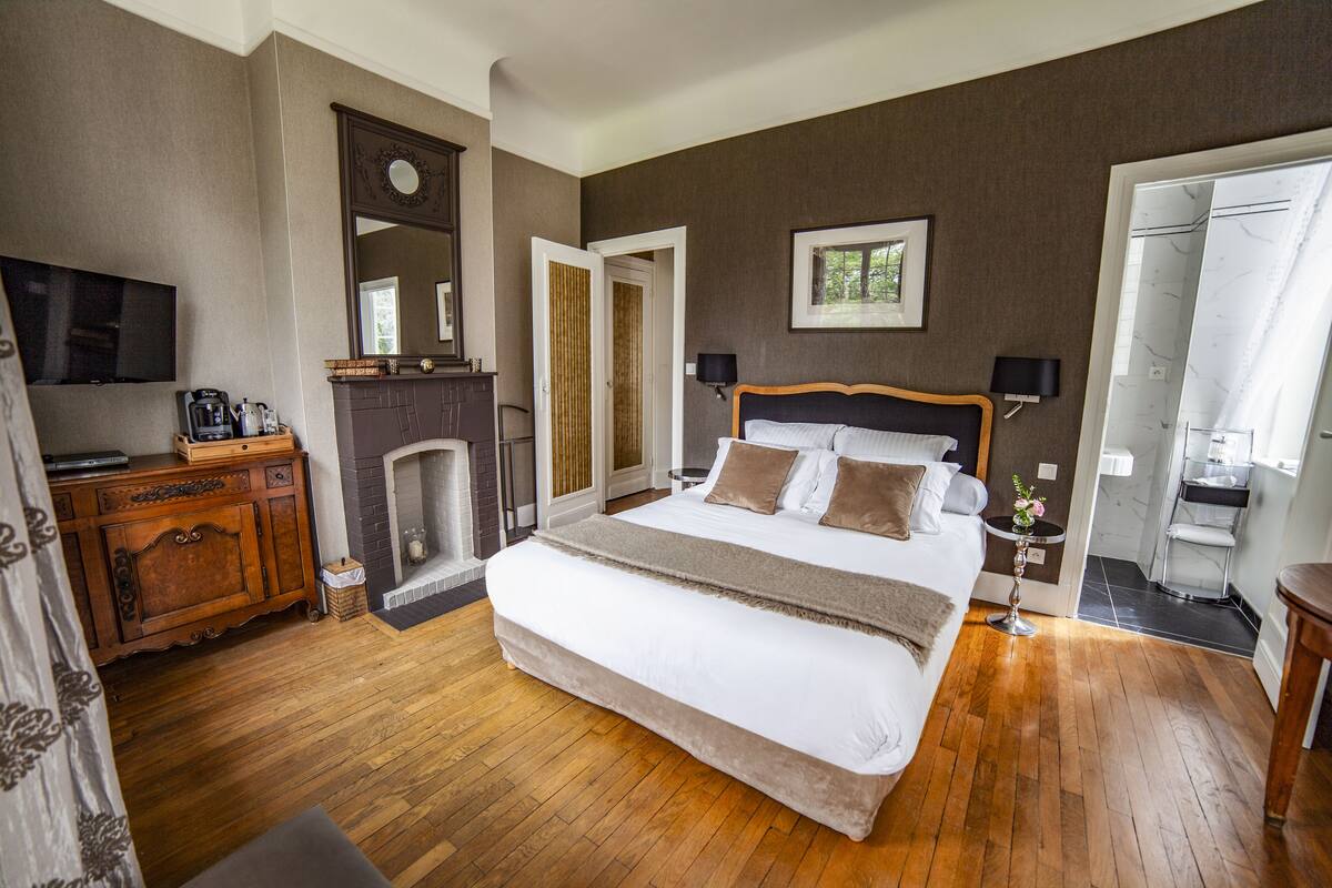 A bedroom with a large bed, a television, a fireplace, and a mirror.