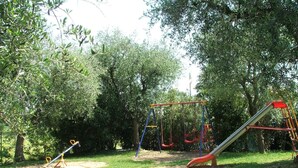 Un parque infantil con columpios y toboganes rodeado de árboles.