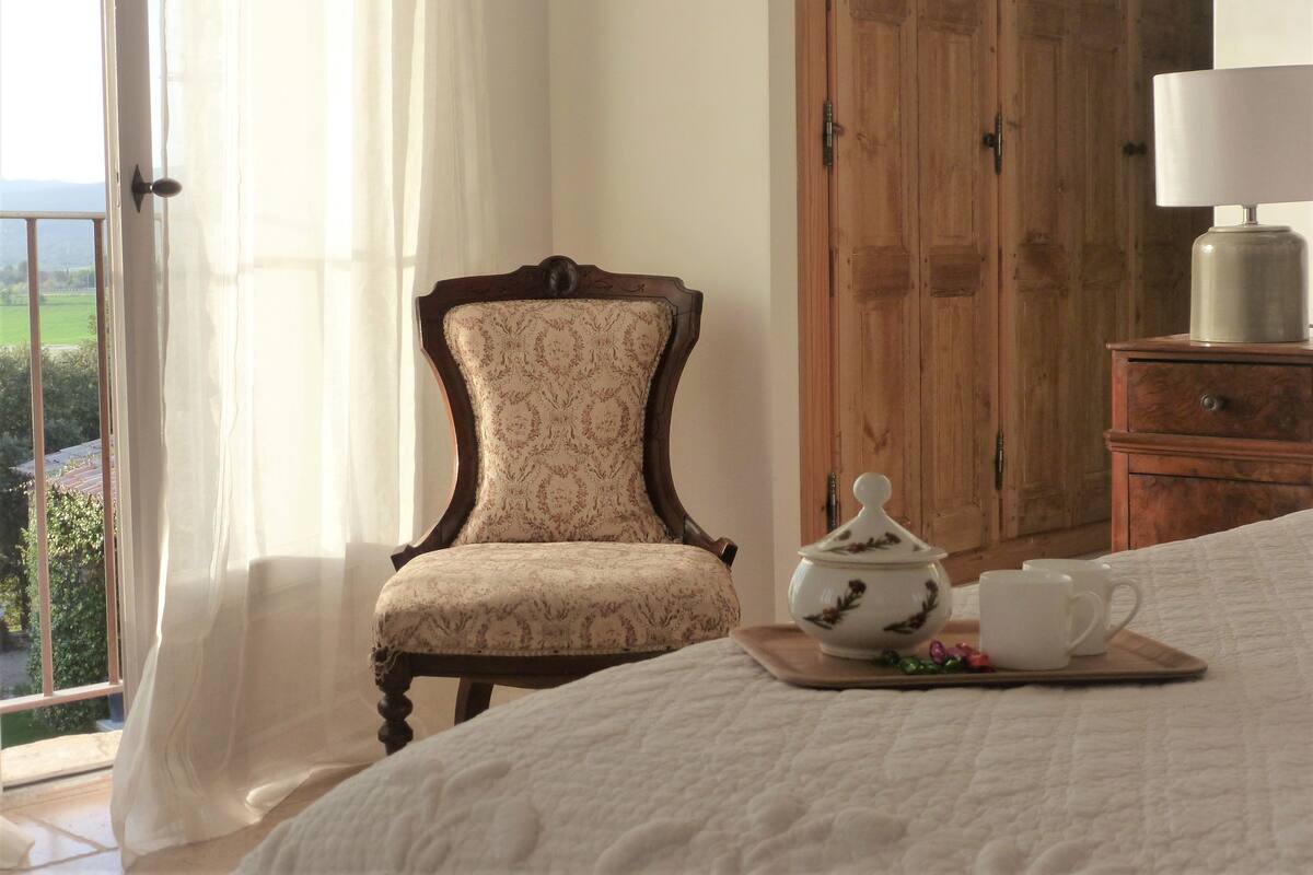 A bedroom with a bed, a chair, a wooden wardrobe, a table with a teapot and cups, and a view of greenery through a window.