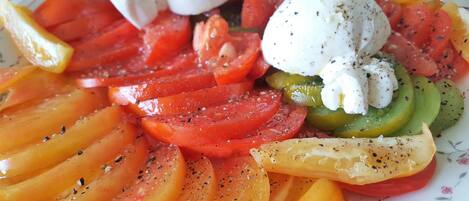 A close-up of a salad with tomatoes, green peppers, and mozzarella balls.