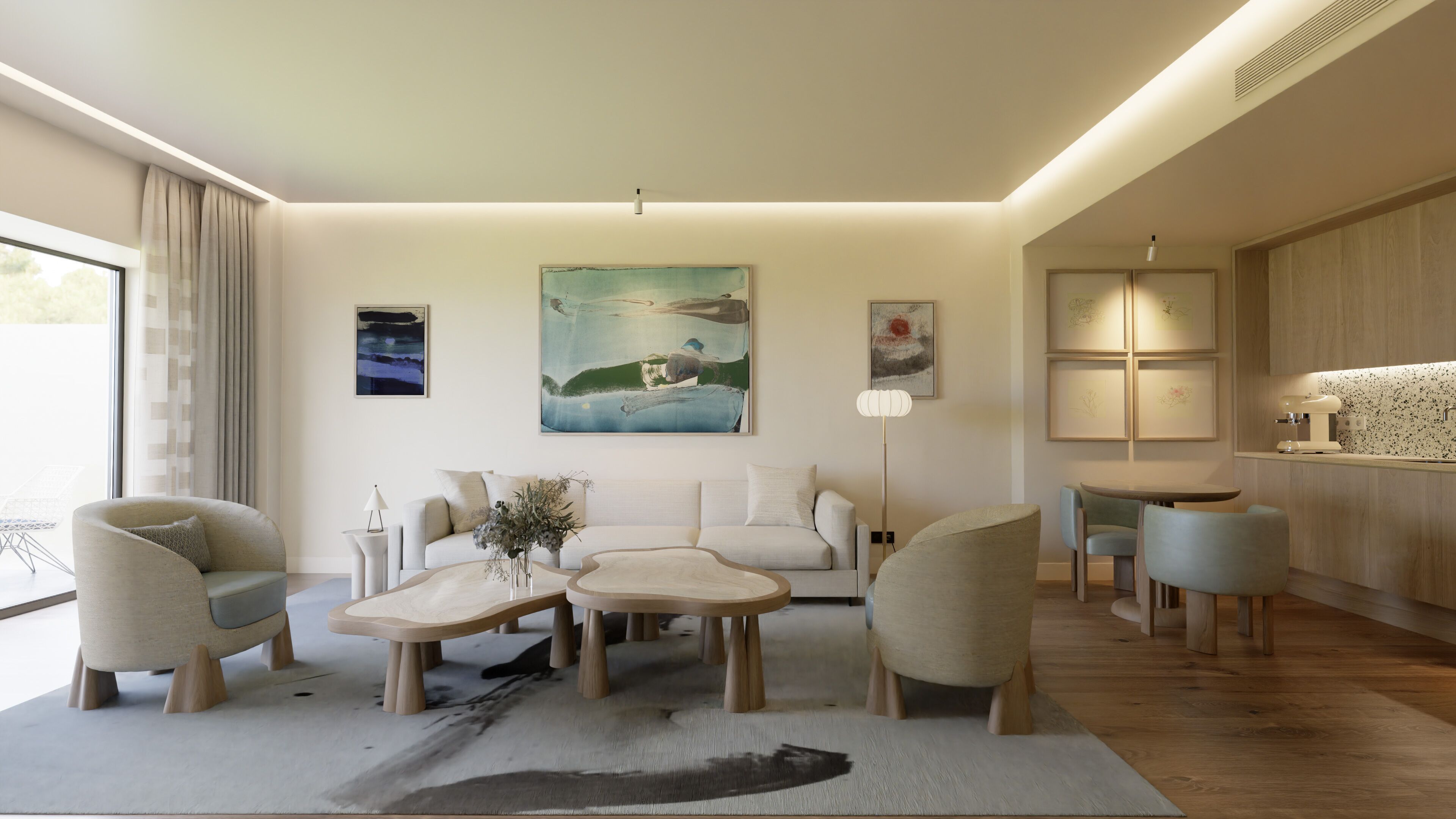 Una sala moderna con un sofá, sillones, una mesa de centro y un comedor. Hay pinturas en las paredes y una zona de cocina con una encimera y una lámpara.