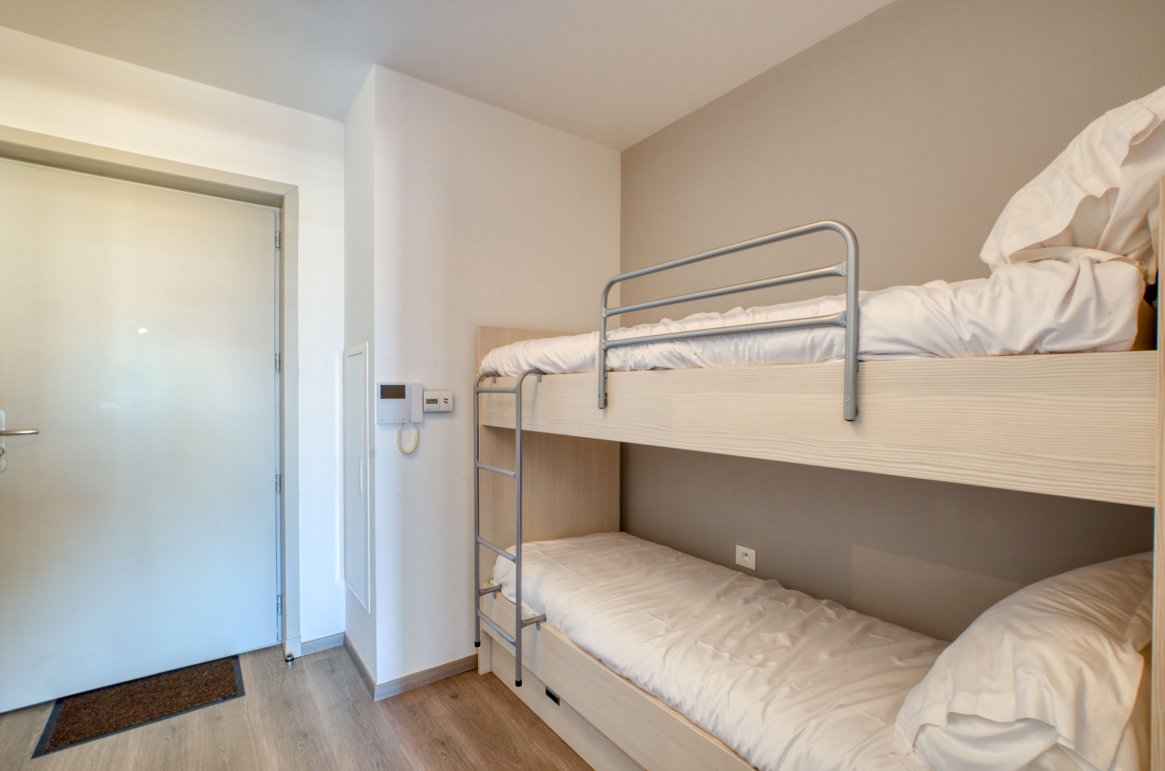 A bunk bed room with a door and a ladder.