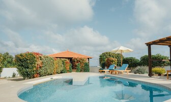 室外游泳池，池畔遮阳伞，日光浴躺椅