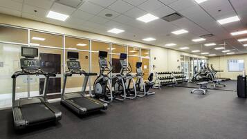 A gym with treadmills, elliptical machines, and weight benches.