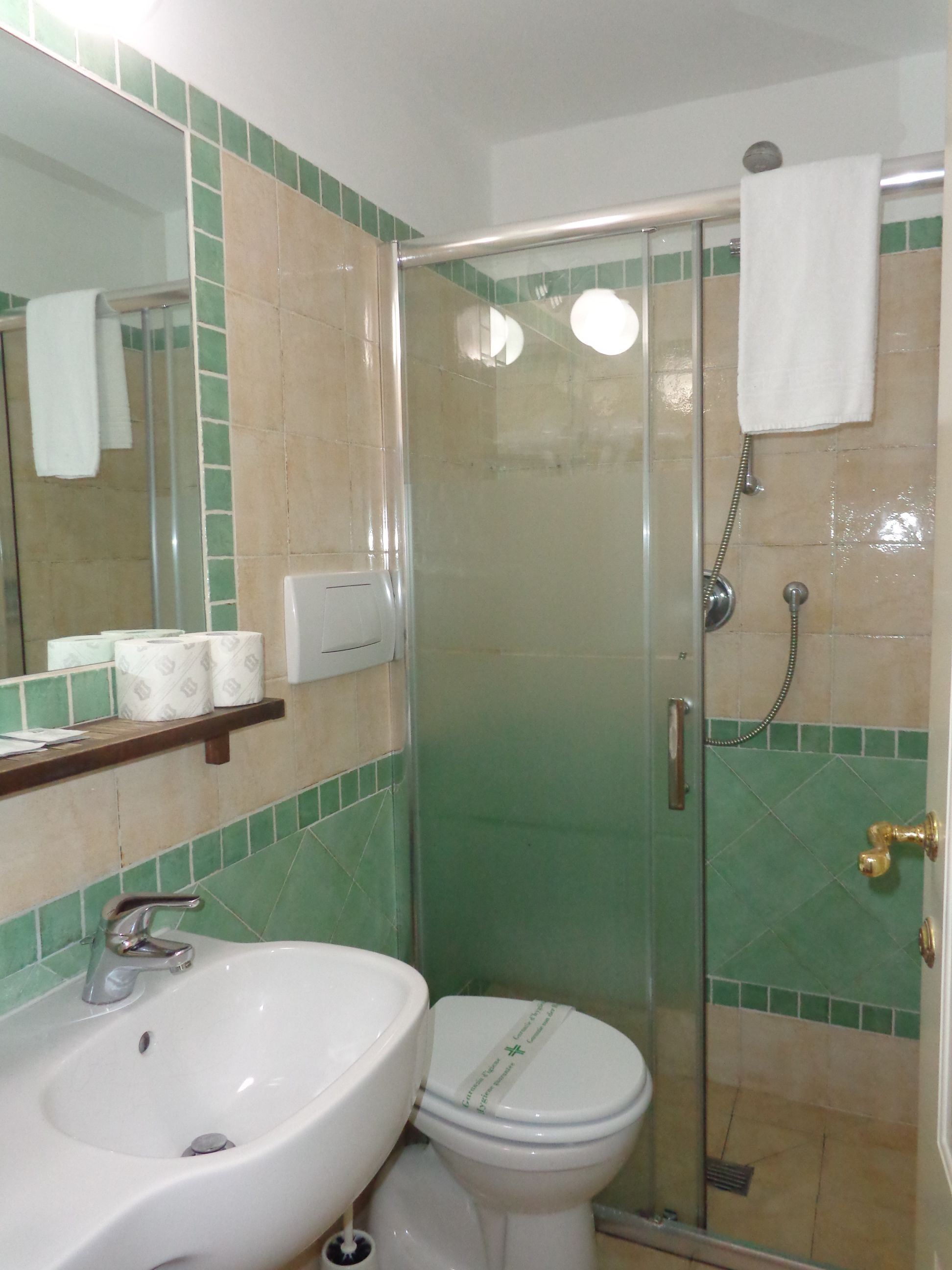 A bathroom with a sink, toilet, and glass-enclosed shower.