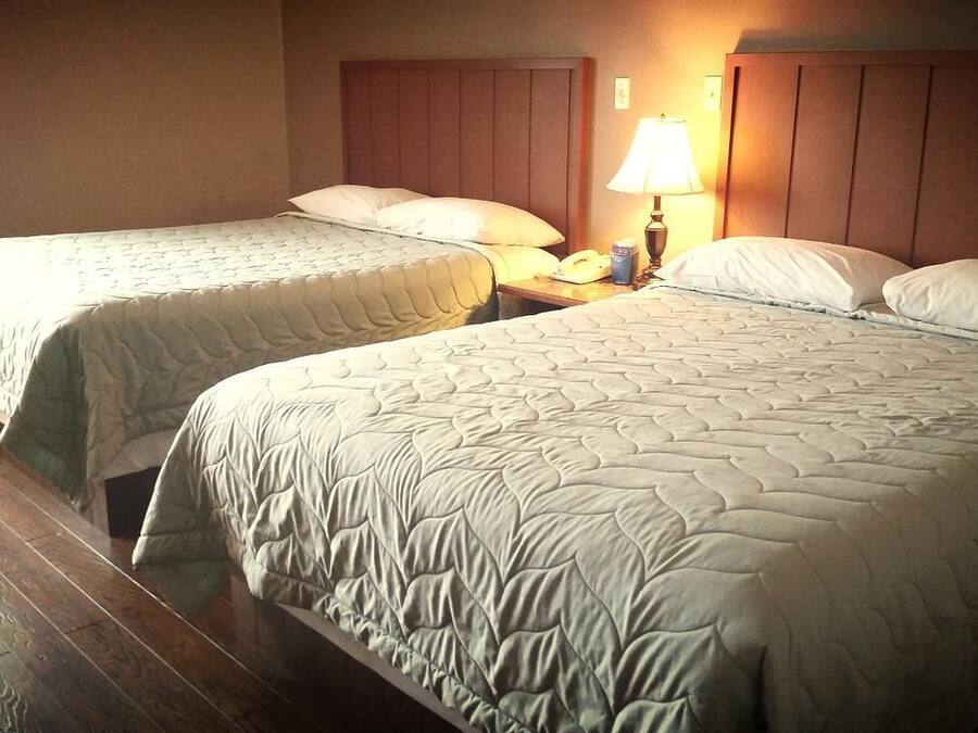 A hotel room with two beds, wooden flooring, a nightstand with a lamp, and a telephone.