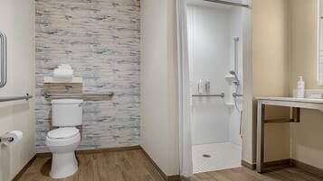 A modern bathroom with a wooden floor, a white toilet, a shower with a glass door, and a small vanity with a mirror.