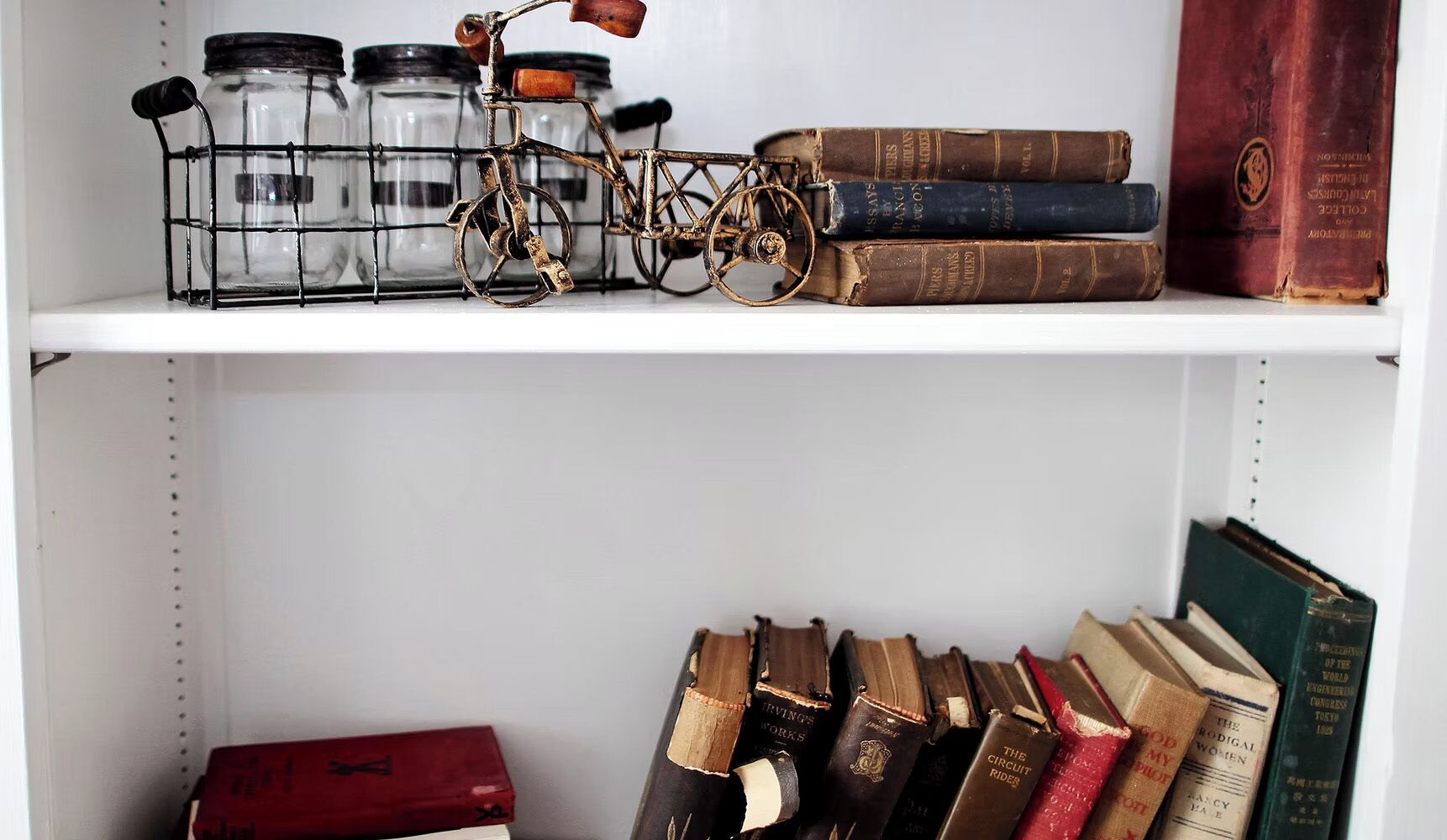 A bookshelf with books and a metal bicycle rack.