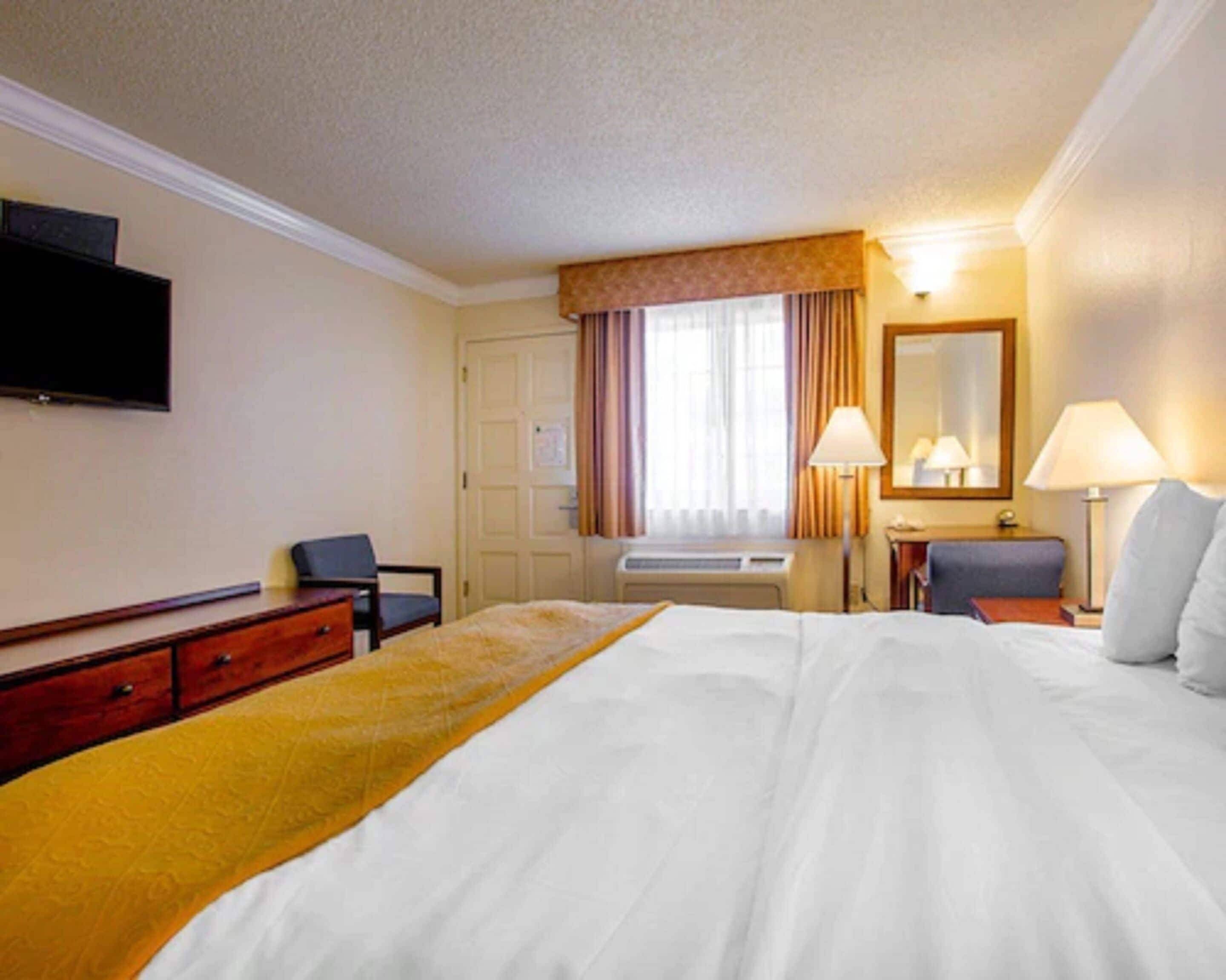 A hotel room with a bed, a desk, a chair, a TV, a window with curtains, and a mirror.