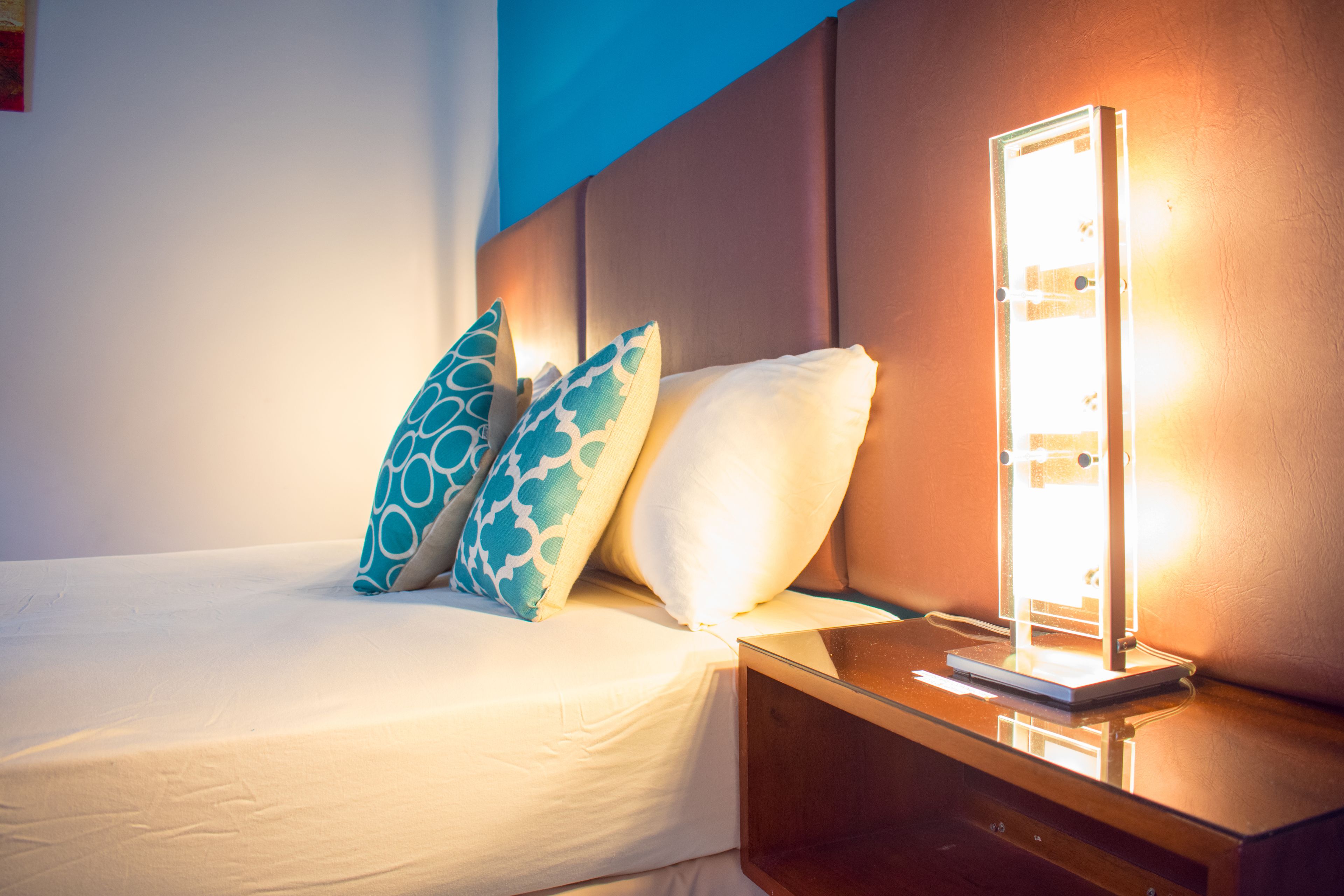 A neatly made bed with patterned pillows, a bedside table with a lamp, and a wall-mounted light fixture.