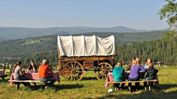 Gather around the wagon for a casual outdoor dining experience amidst the serene forest and distant mountains.
