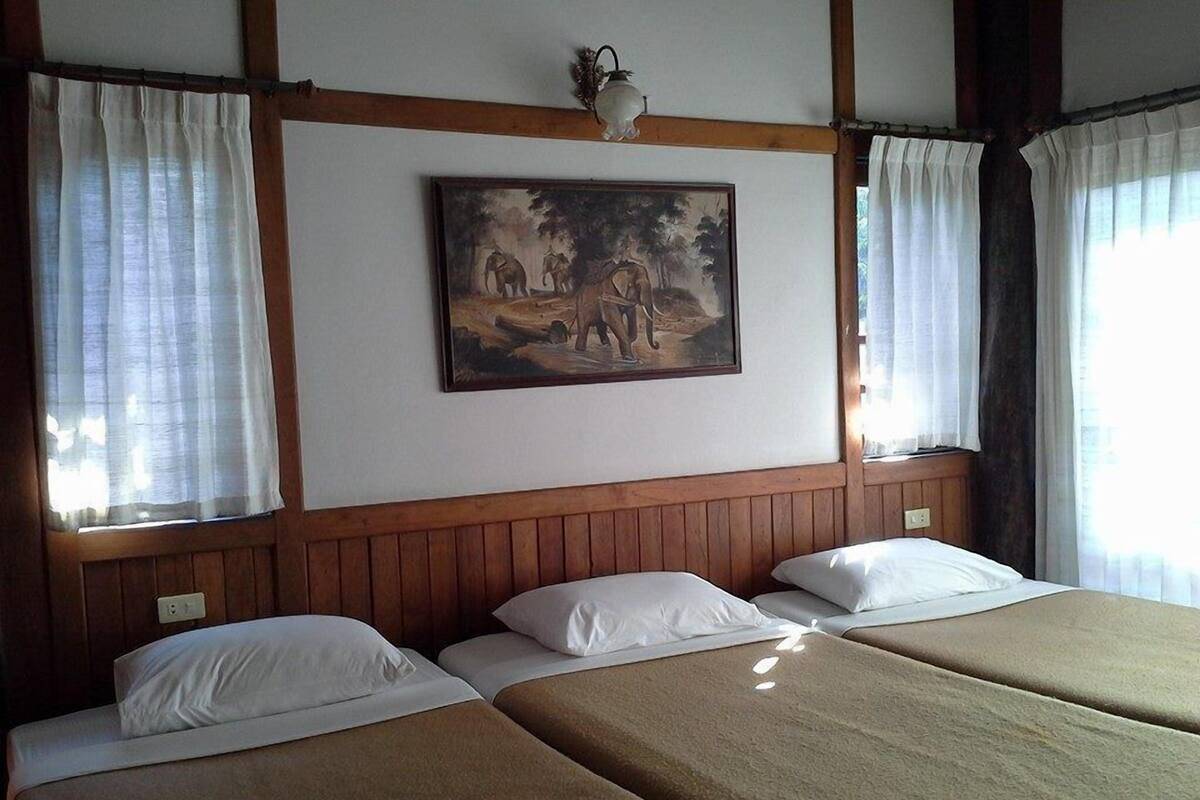 Una habitación con dos camas, paneles de madera, un cuadro de elefantes y cortinas blancas.