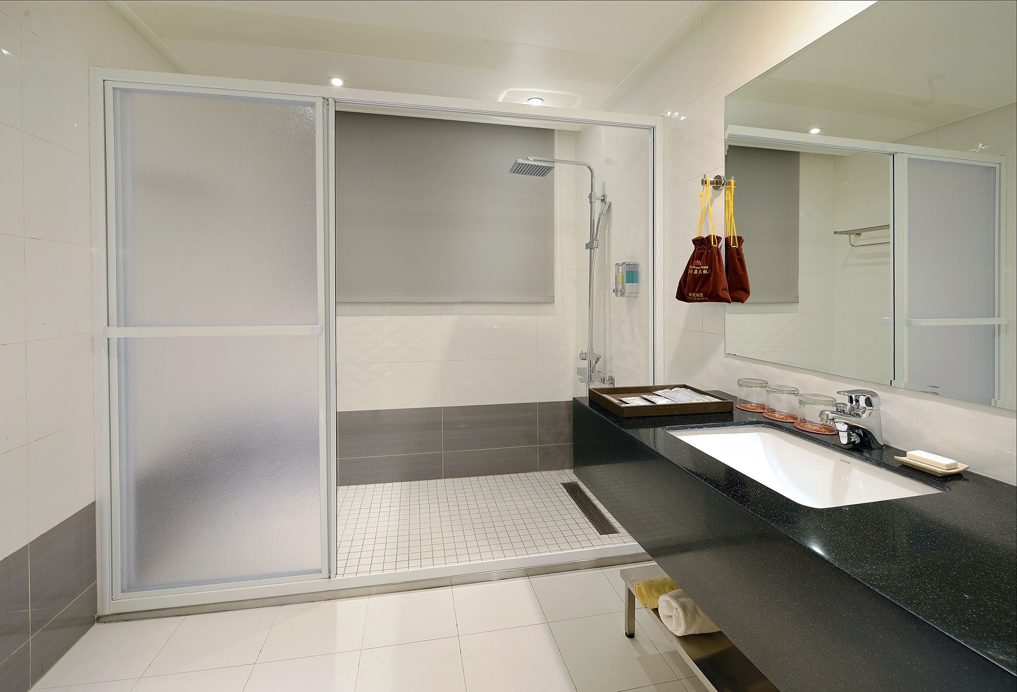 Un baño moderno con ducha envuelta en vidrio, un lavabo blanco y un espejo grande.