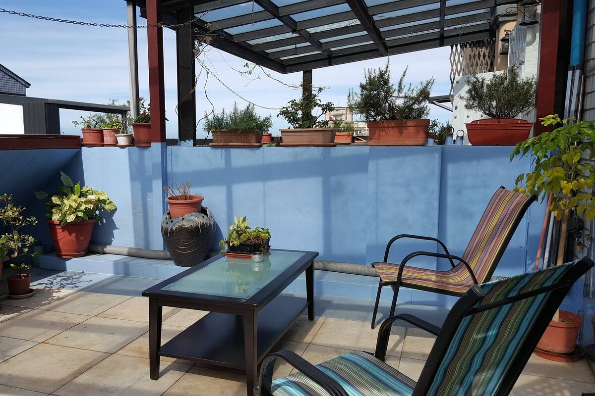 Ein überdachter Patio-Bereich mit Glastisch und -stühlen, umgeben von Kübelpflanzen und einer blauen Wand.