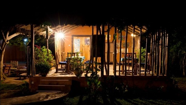 Un espacio al aire libre cubierto con mesas y sillas, rodeado de plantas y estructuras de bambú.