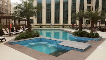 Outdoor pool, pool umbrellas, pool loungers