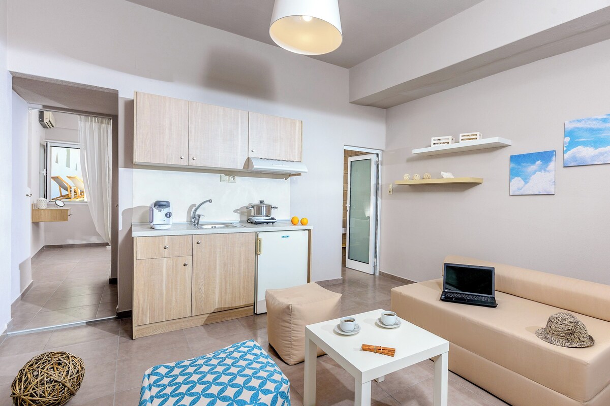 A compact living space with a kitchenette, a sofa, a coffee table, and a laptop.