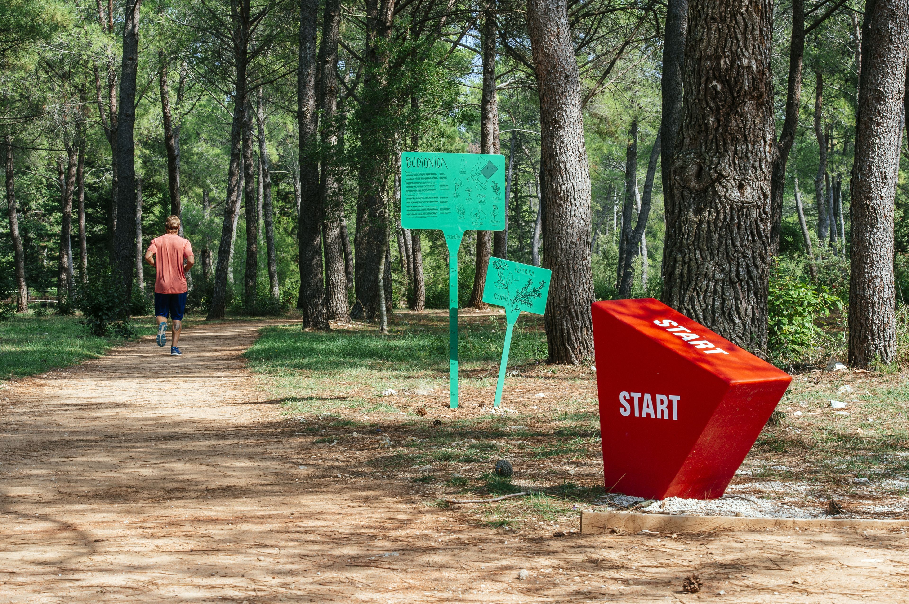 A forested path with a person running, a green sign, and a red 'START' block.