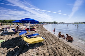 Privat strand, solstolar, parasoller och massage på stranden