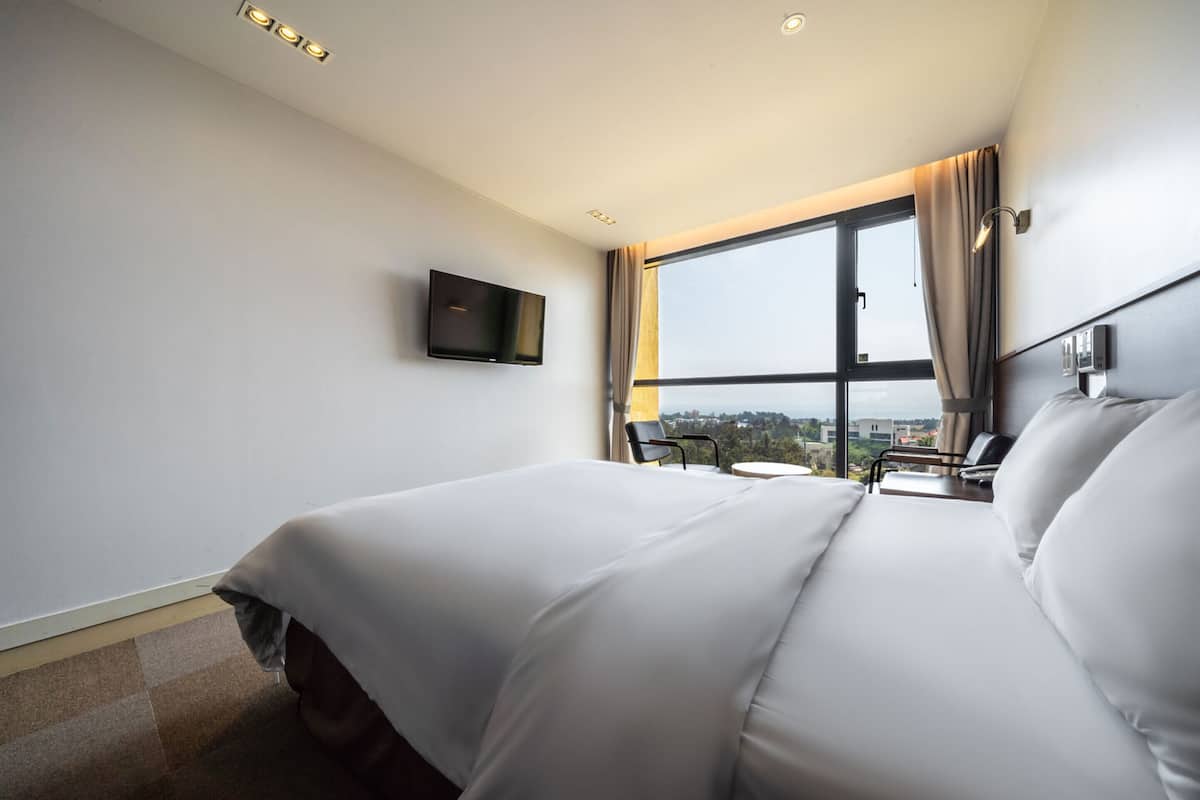 A hotel room with a large bed, a television mounted on the wall, a small table, and a view of the city through a large window.