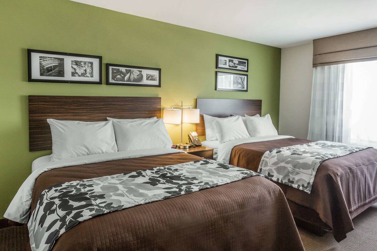 A hotel room with two beds, green walls, framed pictures, a nightstand with a lamp, and a window with curtains.