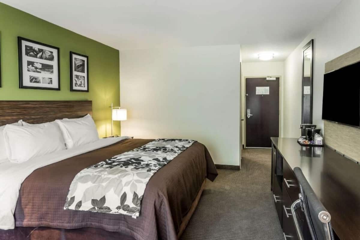 A hotel room with a bed, a desk, a TV, and framed pictures on the wall.