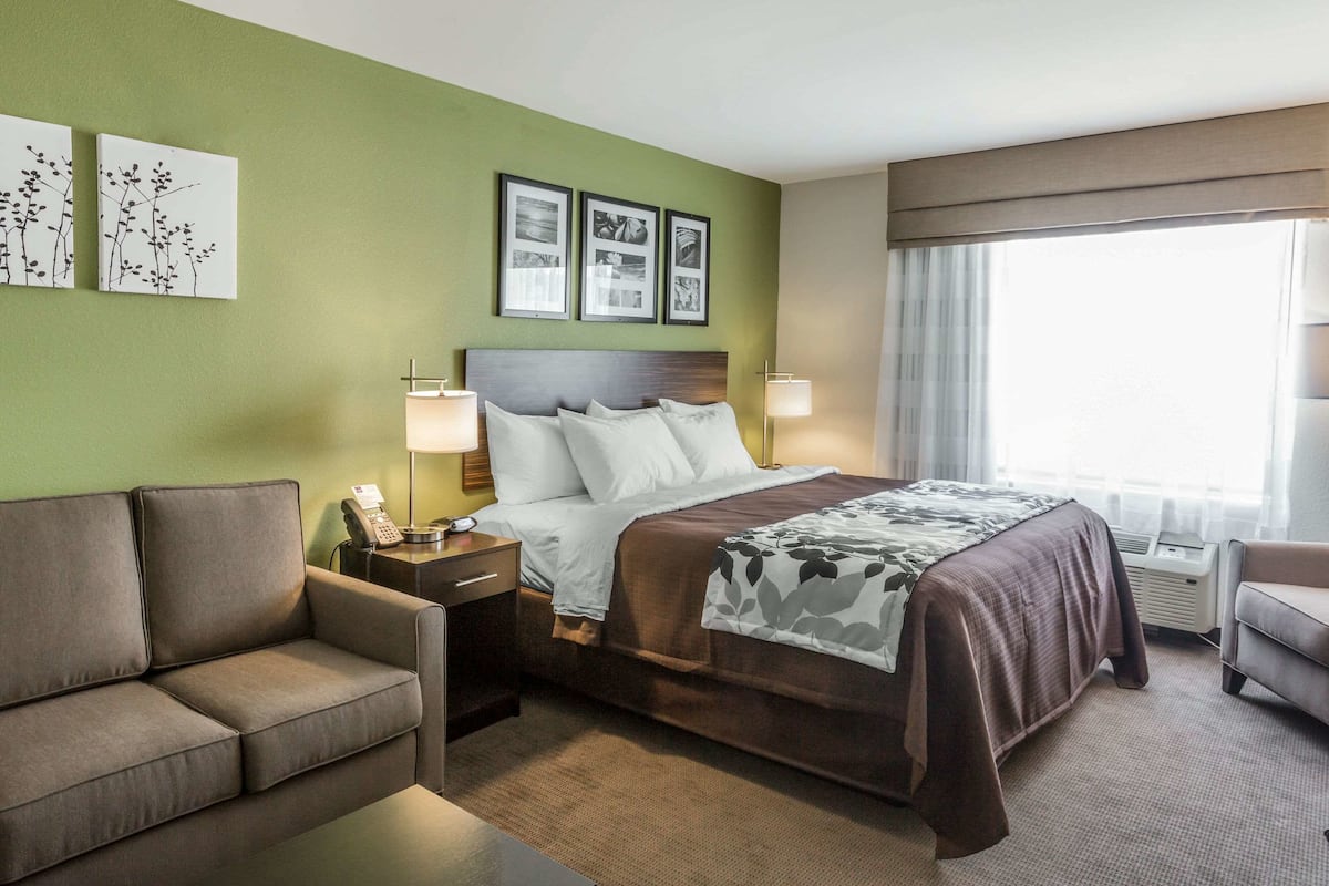 A hotel room with a bed, a sofa, a nightstand with a phone, and a window with curtains.