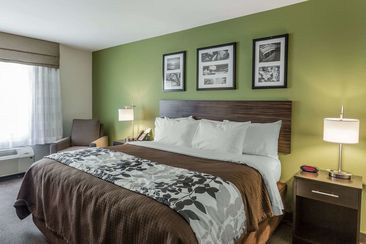 A hotel room with a large bed, a chair, a bedside table with a lamp, and framed pictures on the wall.