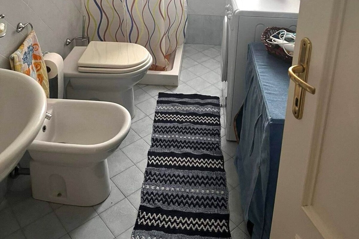 Une salle de bain équipée de toilettes, d’un bidet et d’une baignoire. On y trouve un rideau de douche à motifs et un tapis sur le sol.