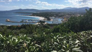 Un pueblo costero con un puerto deportivo, barcos y una playa.