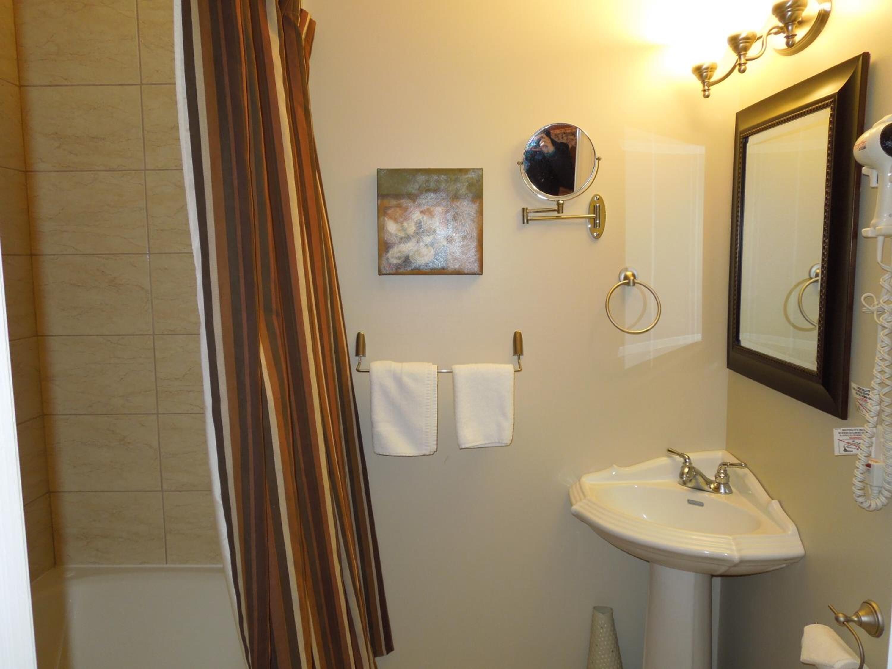 A bathroom with a shower curtain, a sink, a mirror, and two towels hanging on hooks.