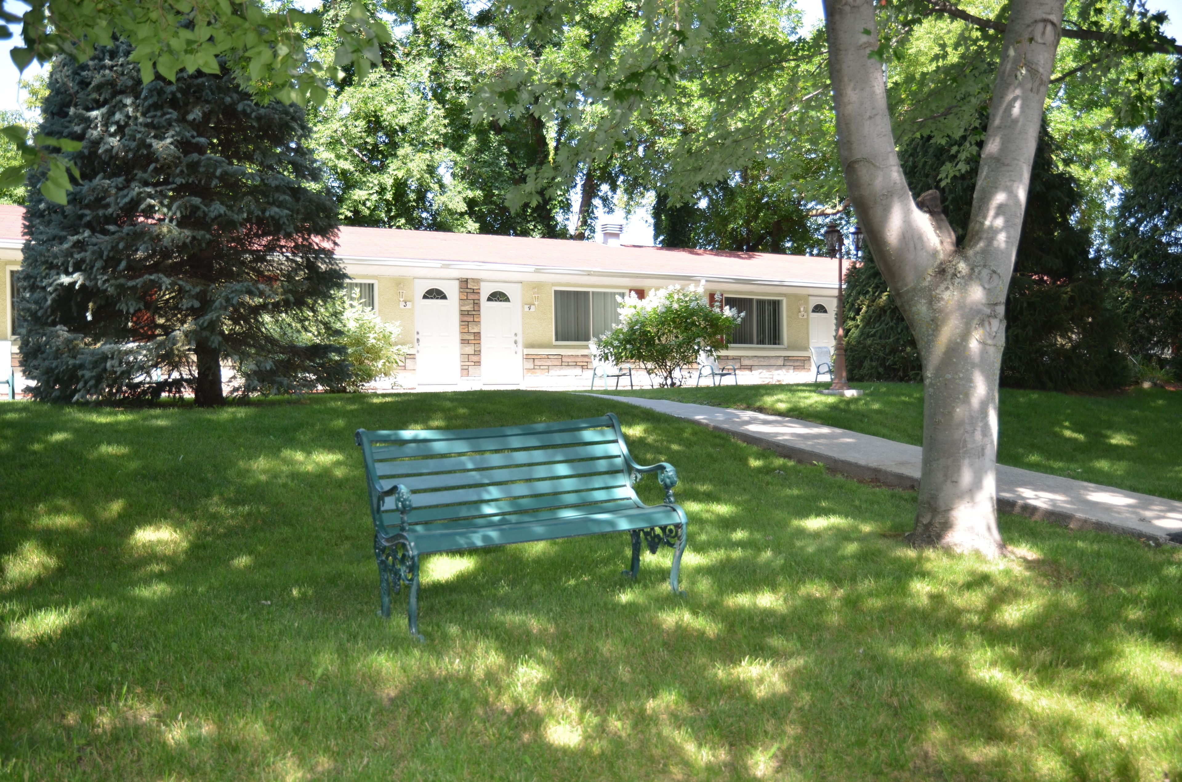 A green bench in a grassy area with a building in the background.