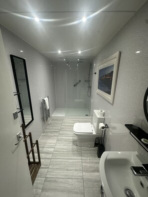 家庭房 (Side Sea View) | 浴室 | 淋浴设施、免费洗浴用品、吹风机、毛巾