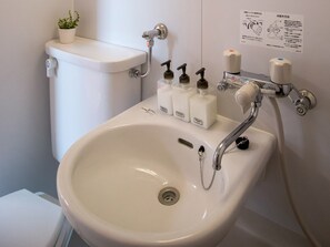 Combined shower/tub, free toiletries, hair dryer, slippers