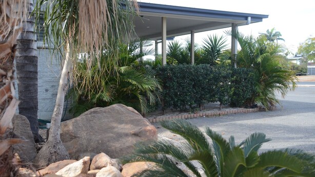 A covered outdoor area with palm trees and large rocks. - Capricorn Hotel (Blackwater)