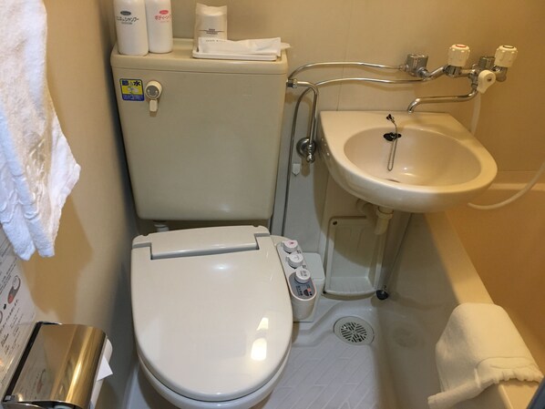 ฝักบัวในอ่างอาบน้ำ, อ่างอาบน้ำแบบแช่ตัว, ไดร์เป่าผม, รองเท้าสวมภายในห้อง